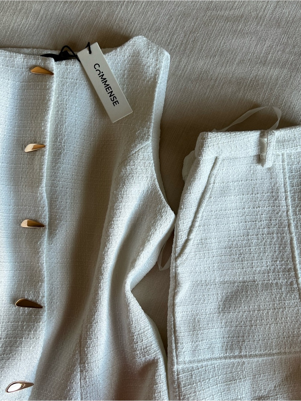 Commense tweed Sleeveless Textured Top with Shorts and Gold Buttons - Picture 3 of 9